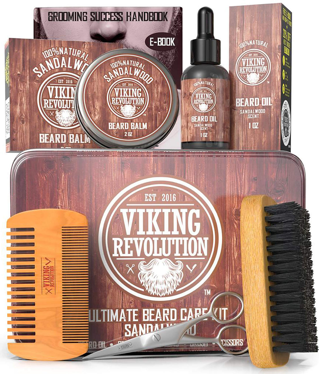 Beard Care Kit for Men- Sandalwood- Ultimate Beard Grooming Kit includes 100% Boar Beard Brush, Wood Beard Comb, Sandalwood Beard Balm, Sandalwood Beard Oil, Beard & Mustache Scissors in a Metal Box 5 Piece Set - LeoForward Australia