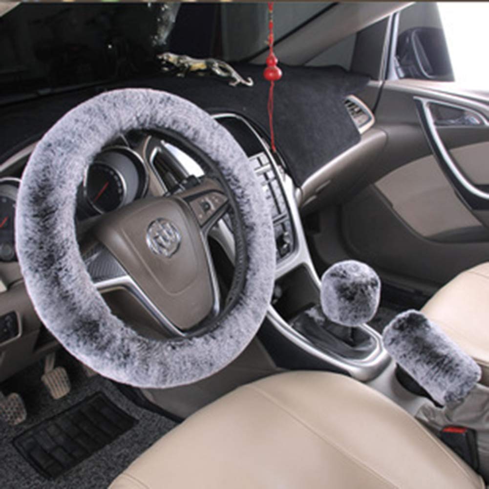  [AUSTRALIA] - RARITY-US 3 Pcs Non-Slip Plush Warm Car Steering Wheel Cover with Handbrake Cover & Gear Shift Cover, Fashion Fuzzy Car Decoration, 14.37" to 14.96" Black