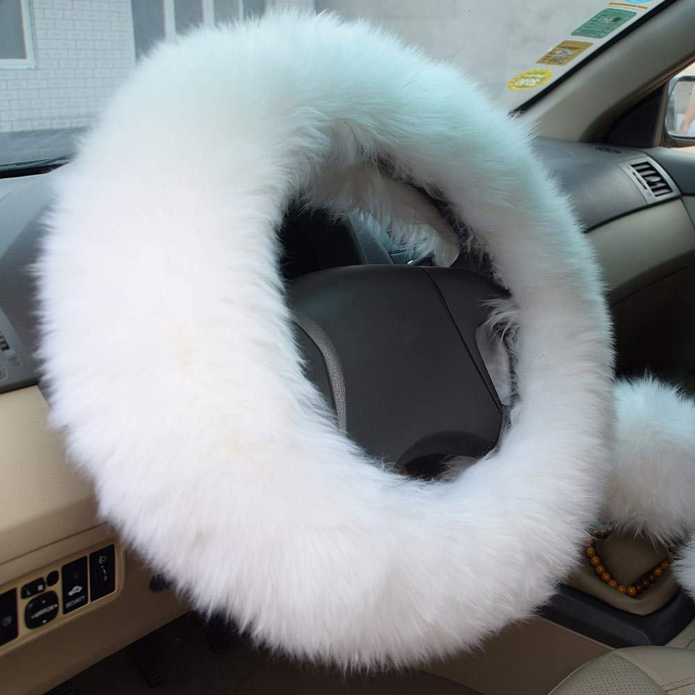  [AUSTRALIA] - Jadeshay Fuzzy Steering Wheel Cover - Winter Fluffy Car Steering Wheel Cover Warm, Handbrake Cover, 1 Set 3pcs, 5Color (Color : White)