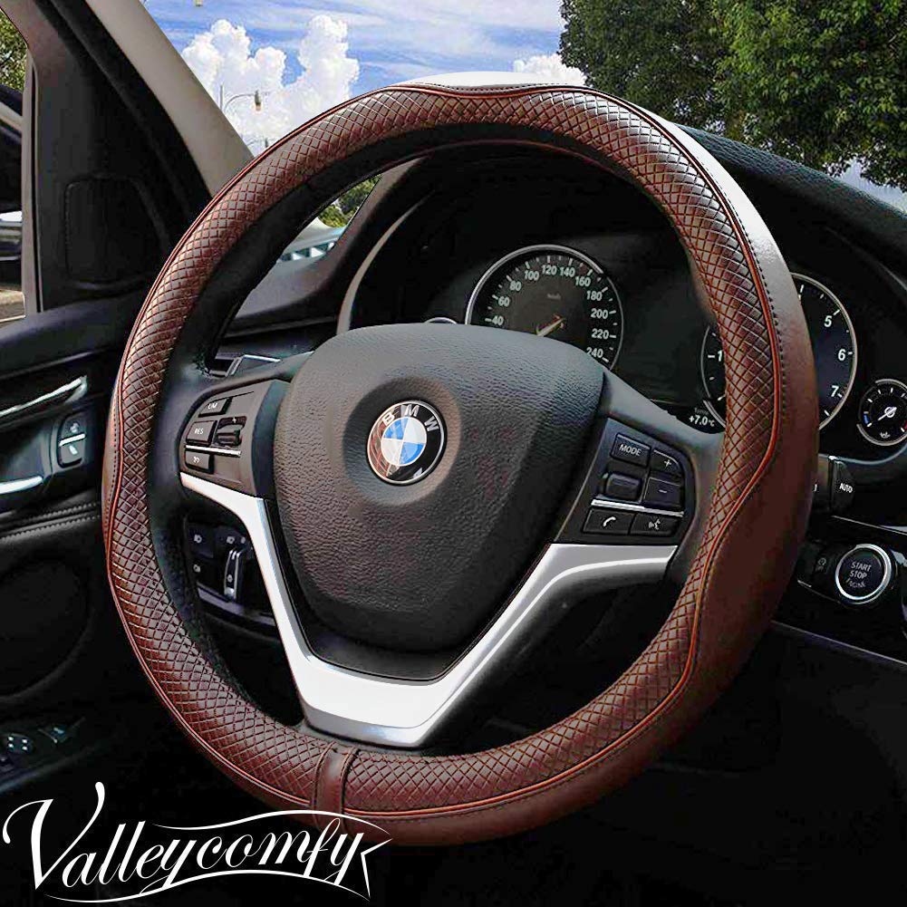 Valleycomfy Universal 15 inch Auto Car Steering Wheel Cover with Coffee Genuine Leather for HRV CRV Accord Corolla Prius Rav4 Tacoma Camry Escape Fusion Focus,etc M(14"1/2-15"1/4) - LeoForward Australia