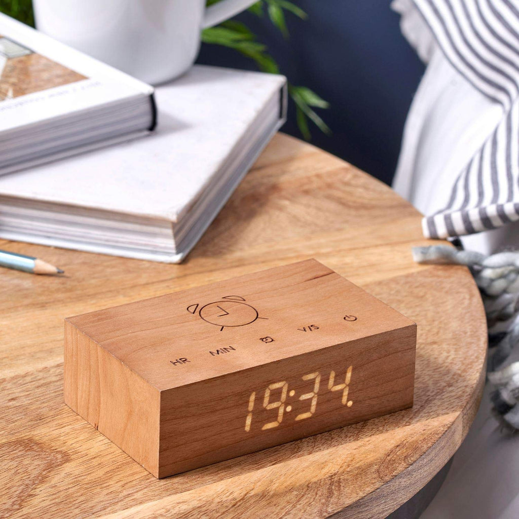  [AUSTRALIA] - Gingko Flip Click Clock LED Alarm Clock Sound Activated with New Flip Technology, Rechargeable with Laser Engraved Touch Controls, Cherry
