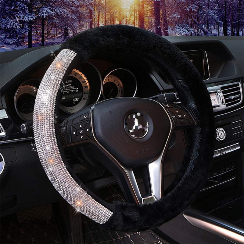 Forala Car Steering Wheel Cover Fur Bling Bling Rhinestone Luxurious Universal for Girls Lady Winter Warm (Black) Black - LeoForward Australia