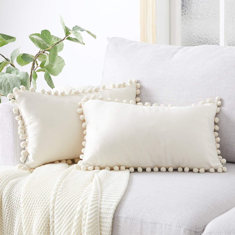  [AUSTRALIA] - Top Finel Lumbar Throw Pillow Covers with Pom Poms Soft Particles Velvet Solid Cushion Covers 12 X 20 for Couch Sofa Bedroom Car, Pack of 2, Cream 12"x20"