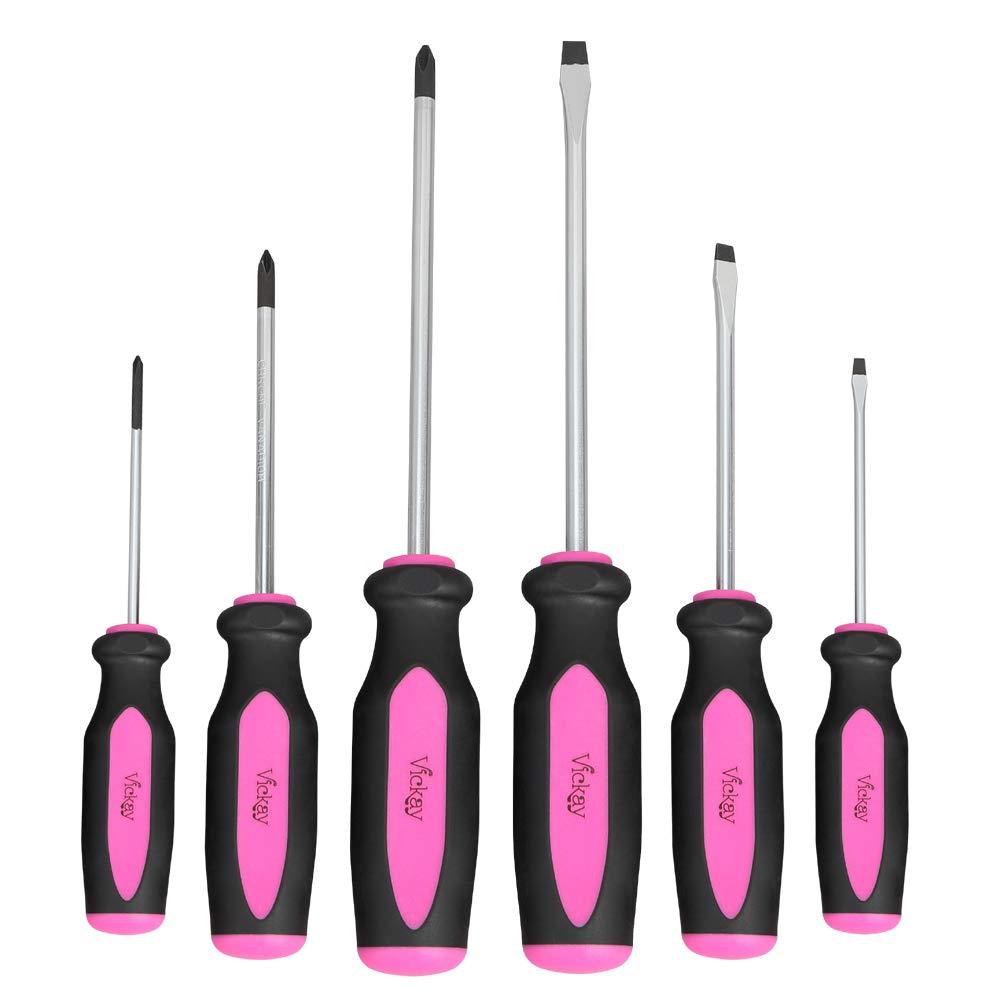 Pink Magnetic Screwdrivers Set,6 Pieces Slotted and Phillips Screwdriver with Permanent Magnetic Tips, Ergonomic Comfortable Handle,Rust Resistant Heavy Duty DIY Hand Tool Kit for Craftsman Repairing 6PC, Pink - LeoForward Australia