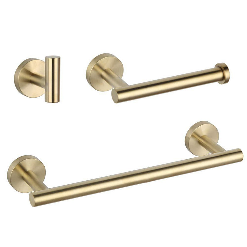 Bathroom Brushed Gold 3-Piece Accessories Set SUS304 Stainless Steel Bath Shower (Robe Hook, Toilet Paper Holder, 12" Hand Towel Bar) Contemporary Style Brushed Pvd Zirconium Gold - LeoForward Australia