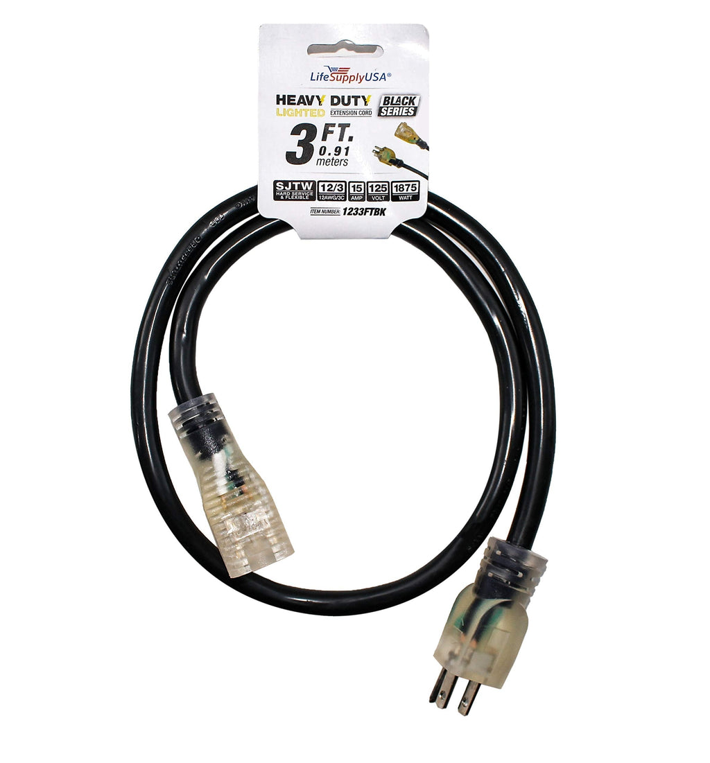  [AUSTRALIA] - 3 ft Extension Cord 12/3 SJTW with Lighted end - Black - Indoor / Outdoor Heavy Duty Extra Durability 15 AMP 125 Volts 1875 Watts by LifeSupplyUSA 3 ft