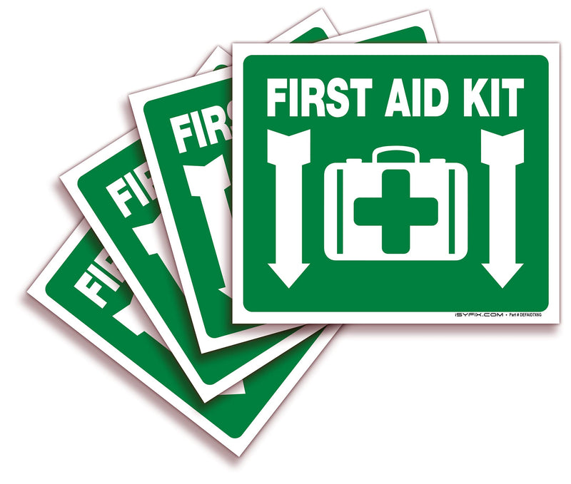  [AUSTRALIA] - First Aid Kit Sticker Sign for Home, Schools & Business – 4 Pack 7x6 Inch – Premium Self-Adhesive Vinyl, Laminated for Ultimate UV, Weather, Scratch, Water and Fade Resistance, Indoor & Outdoor Large green and white