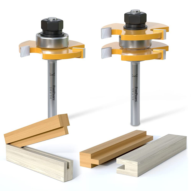  [AUSTRALIA] - FivePears 2 Pieces of Tongue and Groove Router Bits Set with 1/4" Shank,3 Teeth T Shape Wood Milling Cutter Woodworking Tool 1/4-Inch Shank