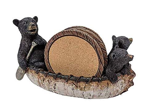  [AUSTRALIA] - Black Bear Canoe Coaster Set with Holder - Pine Ridge 3 Rustic Black Bear Cabin Decor Absorbent Coaster Drink - Set of 5 Drink Coaster Set Three Black Bears Canoeing