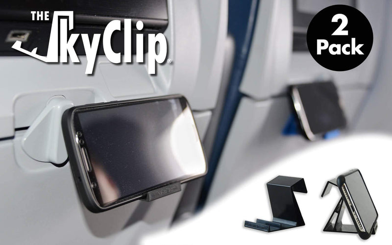  [AUSTRALIA] - The SkyClip - (Black, 2 Pack) Airplane Cell Phone Seat Back Tray Table Clip and Sturdy Phone Stand, Compatible with iPhone, Android, Tablets, and Readers Black