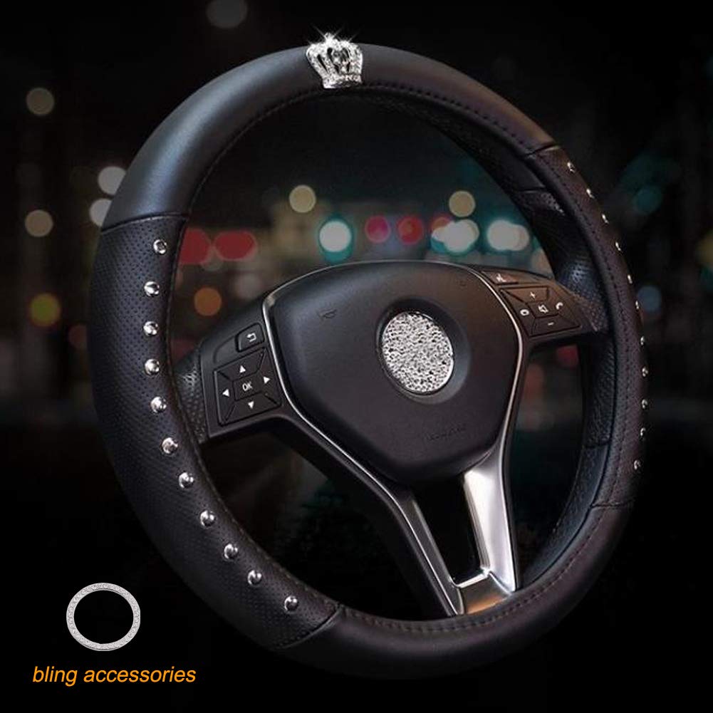  [AUSTRALIA] - ALVAZA Genuine Leather Car Steering Wheel Cover with Decorative Rivet and Bling Crystal Rhinestone Crown for Vehicles SUV, Breathable, Anti-Slip,Universal 15 Inch (Black) black