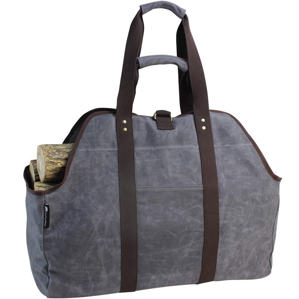  [AUSTRALIA] - MyFirePlaceDirect Waxed Canvas Log Carrier Tote Bag, Extra Large Durable Firewood Holder with Handles and Shoulder Strap, Heavy Duty Wood Carrying Bag for Fireplaces Grey