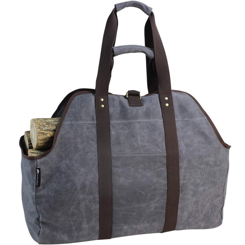  [AUSTRALIA] - MyFirePlaceDirect Waxed Canvas Log Carrier Tote Bag, Extra Large Durable Firewood Holder with Handles and Shoulder Strap, Heavy Duty Wood Carrying Bag for Fireplaces Grey