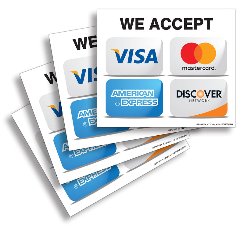  [AUSTRALIA] - Credit Card Sticker Signs Stickers – 4 Pack 7”x 6” Inch - We Accept Visa, MasterCard, Amex & Discover, Premium Front Adhesive Vinyl to Apply Inside The Window or Glass Door for Stores Business