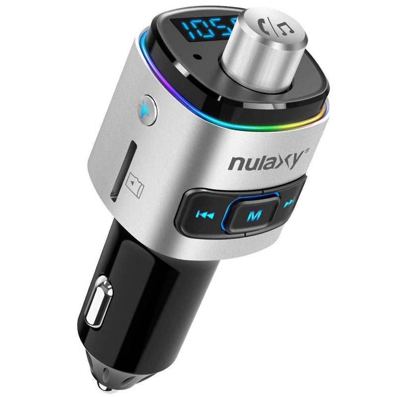Nulaxy Bluetooth FM Transmitter for Car, 7 Color LED Backlit Bluetooth Car Adapter with QC3.0 Charging, Support Siri Google Assistant, USB Flash Drive, microSD Card, Handsfree Car Kit (A- Silver) A- Silver - LeoForward Australia
