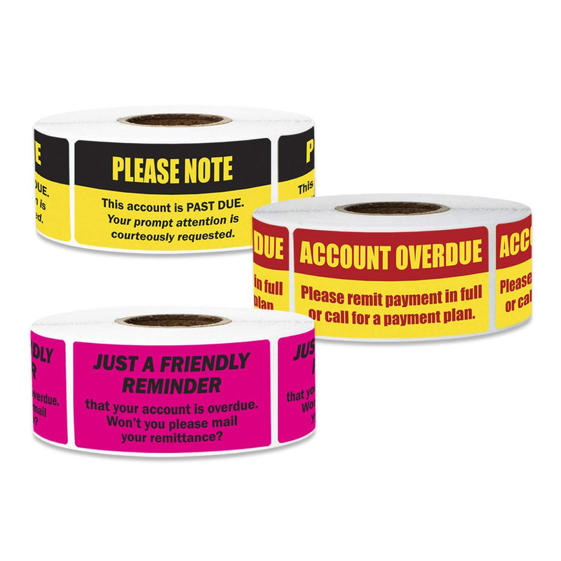 900 Labels - Account Overdue Sticker Bundle for Billing Past Due Collections (2 x 1 inch - 3 Rolls) Pink, Red-yellow, Black-yellow - LeoForward Australia