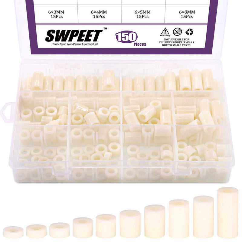  [AUSTRALIA] - Swpeet 150Pcs Nylon Round Spacer Standoff Screw Nut Assortment Kit, Nylon PA66 Plastic Standoff OD 11mm and ID 6.2mm Length 3mm 4mm 5mm 8mm 10mm 12mm 15mm 18mm 20mm 25mm for M6 Screws Prototyping