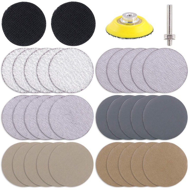  [AUSTRALIA] - Swpeet 33Pcs 2 Inch 60 320 800 2500 4000 7000 Grit White Dry and Waterproof Hook Loop Sanding Discs with 2" Sanding Pad 1/4 inch Shank and Soft Foam-Backed Interface Buffer Pad