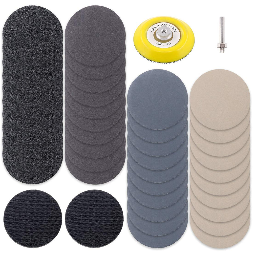  [AUSTRALIA] - Swpeet 43Pcs Aluminum Oxide Water Dry & Wet Grinding Abrasive Paper Grit 60 400 1500 5000 Assortment Kit with 1/4 inch Shank Backing Pad and Soft Foam Buffering Pad for Hook & Loop Sanding Disc