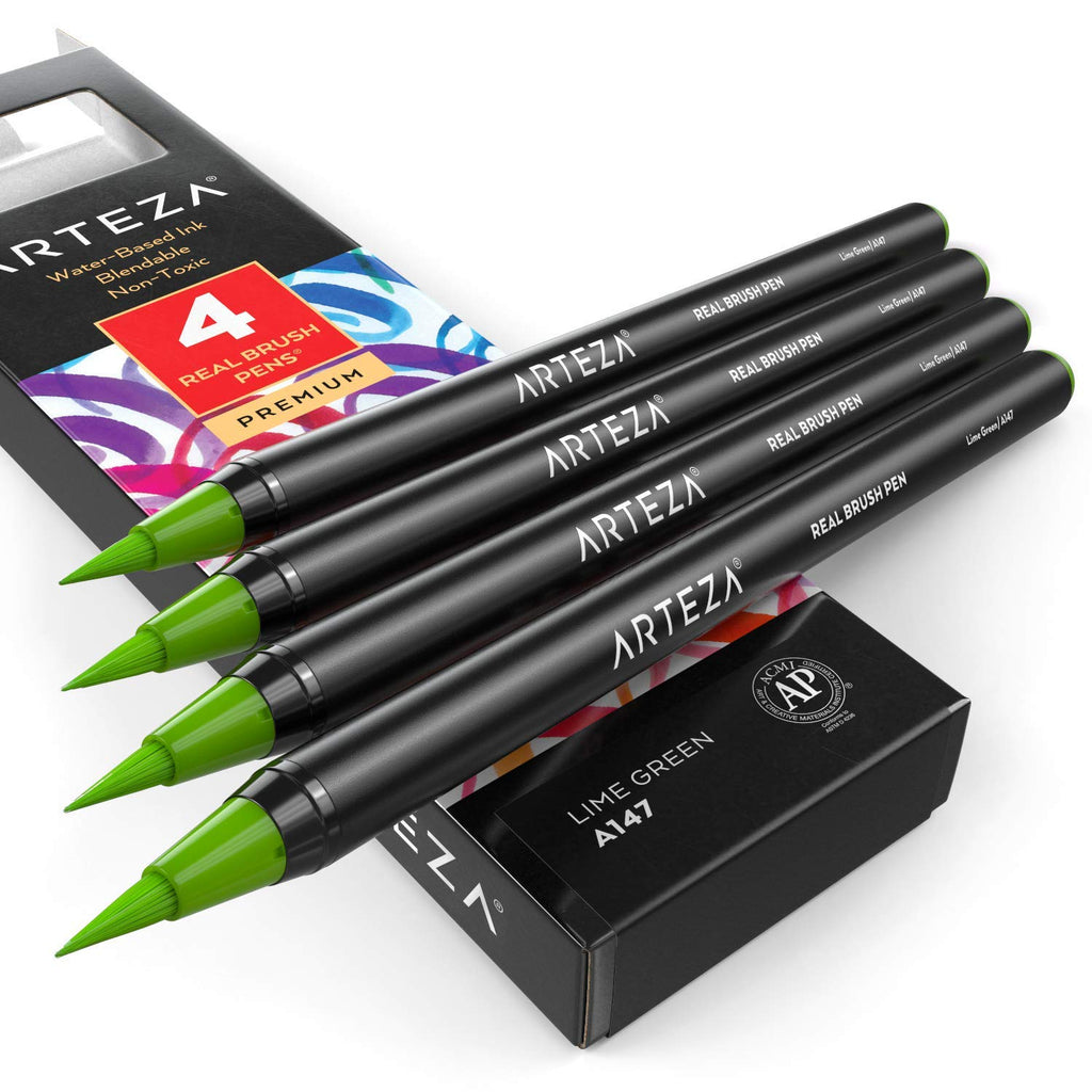  [AUSTRALIA] - Arteza Real Brush Pens, A147 Lime Green, Pack of 4, Watercolor Pens with Nylon Brush Tips, Art Supplies for Dry-Brush Painting, Sketching, Coloring & Calligraphy