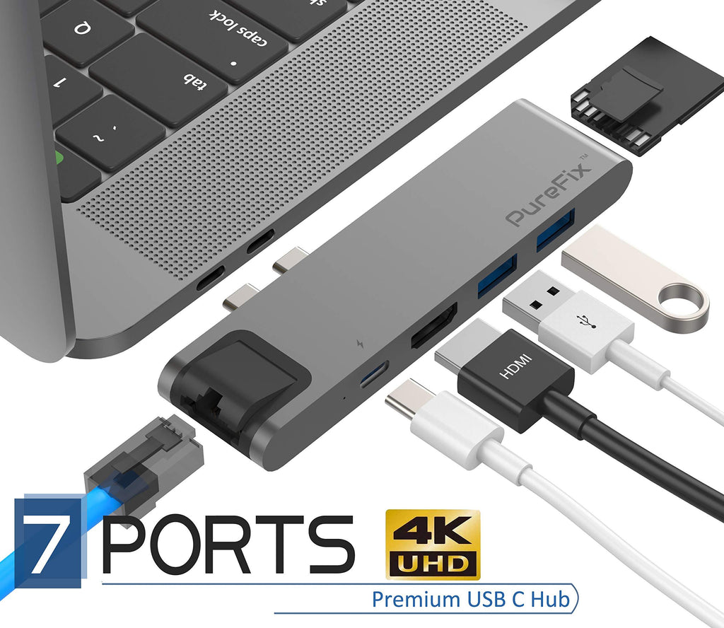 PureFix USB C Hub Adapter, 7-in-2 Extension with Gigabit Ethernet, 4K HDMI, Type- C 100W PD & 40Gbps, 2 USB-A 3.0, SD & MicroSD/TF Card Reader for 2016-2020 MacBook Pro 13' 15' 16' & 2020 MacBook Air Space Grey - LeoForward Australia