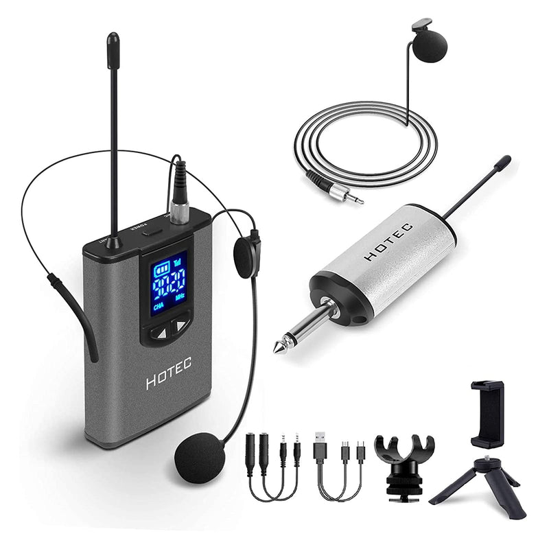  [AUSTRALIA] - HOTEC UHF Wireless Headset Microphone/Lavalier Lapel Mic with Bodypack Transmitter and Mini Rechargeable Receiver 1/4" Output for Vlogging or Speech silver