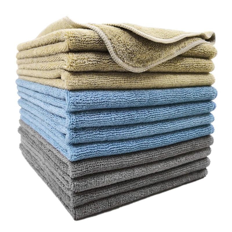  [AUSTRALIA] - Polyte Microfiber Cleaning Towel (16x16, 12 Pack Professional, Blue,Camel,Gray) 16x16, 12 Pack Professional