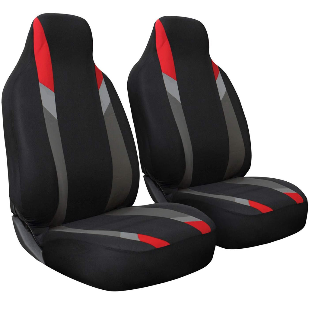  [AUSTRALIA] - OxGord Car Seat Cover - Poly Cloth Black, Red and Gray with Front Low Bucket Seat - Universal Fit for Cars, Trucks, SUVs, Vans - 2 pc Set