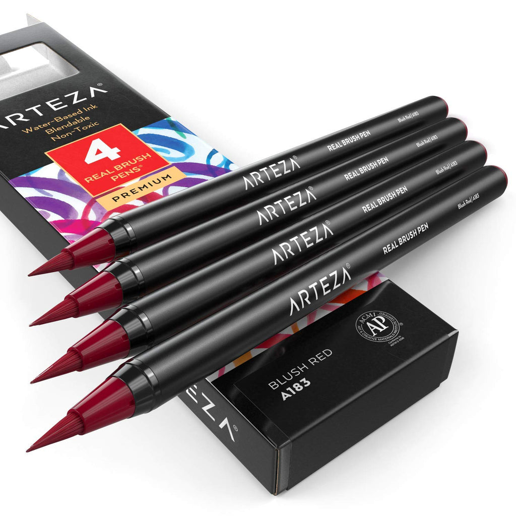  [AUSTRALIA] - Arteza Real Brush Pens, A183 Blush Red, Pack of 4, Watercolor Pens with Nylon Brush Tips, Art Supplies for Dry-Brush Painting, Sketching, Coloring & Calligraphy