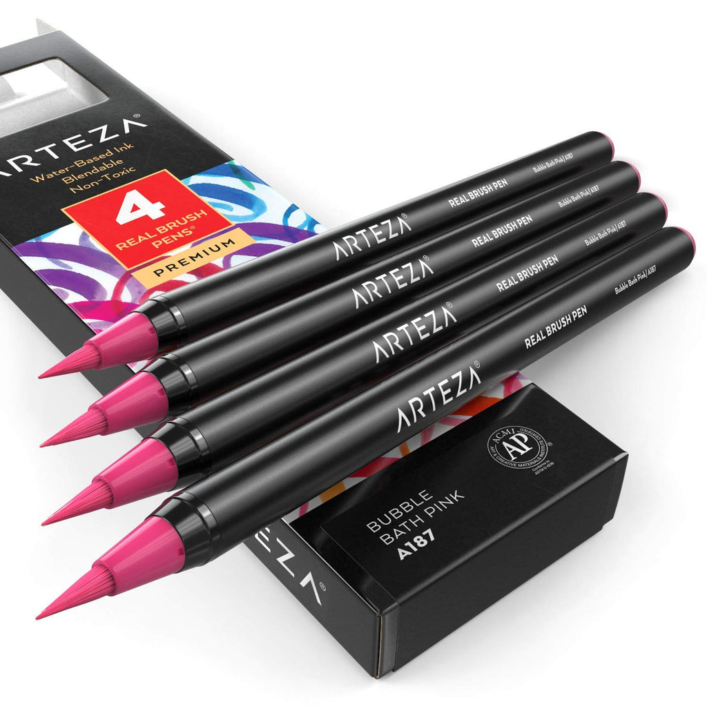  [AUSTRALIA] - Arteza Real Brush Pens, A187 Bubble Bath Pink, Pack of 4, Watercolor Pens with Nylon Brush Tips, Art Supplies for Dry-Brush Painting, Sketching, Coloring & Calligraphy