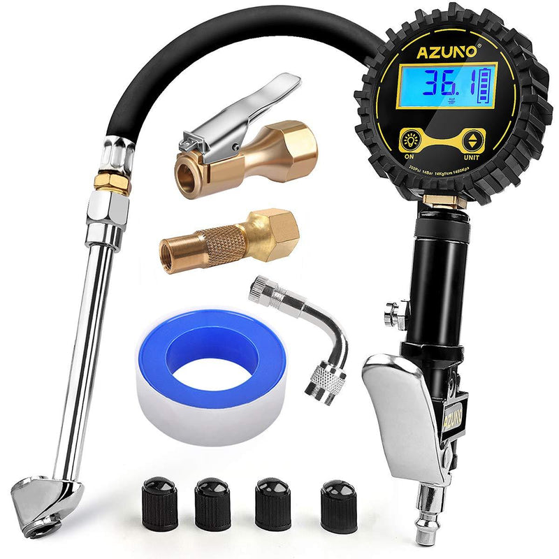 AZUNO Digital Tire Inflator with Pressure Gauge, 0.1 Resolution Tire Gauge, Heavy Duty Air Compressor Accessories 7pcs Great Gifts for Auto Mechanic 0.1 Res with flashlight & 4 Chucks - LeoForward Australia