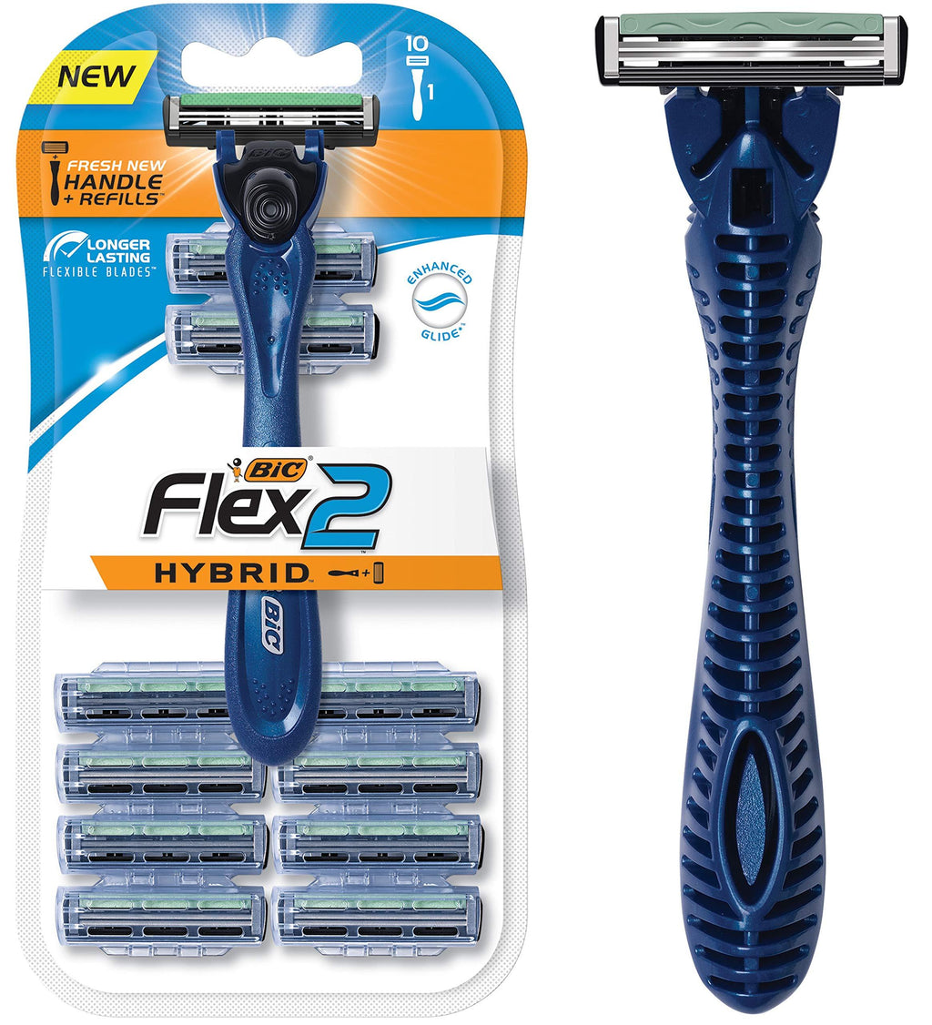 BIC Flex 2 Hybrid Men's Twin Blade Razor, One Handle 10 Cartridges, Set - LeoForward Australia
