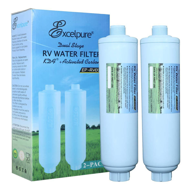  [AUSTRALIA] - EXCELPURE Inline RV Water Filter for Boats, RVs, Campers, Gardening, Planting, Trailer or Motor Home KDF Filter,Reduces Chlorine, Odor, Bad Taste, and Sediment in Drinking Water- 2 PACK