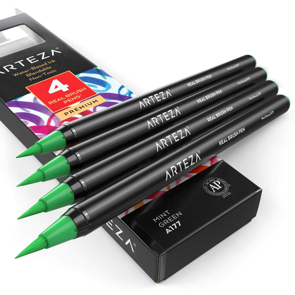  [AUSTRALIA] - Arteza Real Brush Pens, A177 Mint Green, Pack of 4, Watercolor Pens with Nylon Brush Tips, Art Supplies for Dry-Brush Painting, Sketching, Coloring & Calligraphy