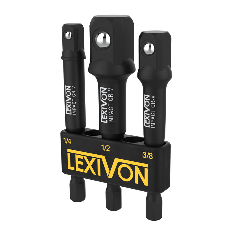  [AUSTRALIA] - LEXIVON Impact Grade Socket Adapter Set, 3" Extension Bit With Holder | 3-Piece 1/4", 3/8", and 1/2" Drive, Adapt Your Power Drill To High Torque Impact Wrench (LX-101) 3-Inch