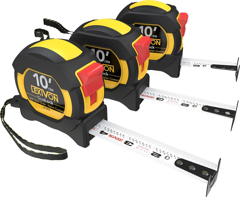  [AUSTRALIA] - LEXIVON [3-Pack] 10Ft/3m DuaLock Tape Measure | 3/4-Inch Wide Blade with Nylon Coating, Matt Finish White & Yellow Dual Sided Rule Print | Ft/Inch/Fractions/Metric (LX-203) 3PK-10FT DuaLock