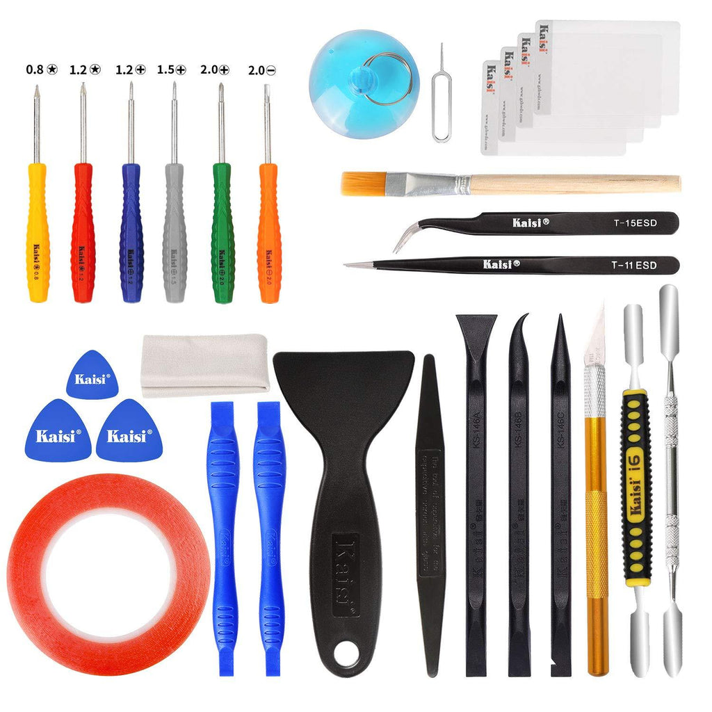 Kaisi 30 in 1 Professional Electronics Screen Opening Pry Tool Repair Kit with Steel and Carbon Fiber Nylon Spudgers, Double Side Adhesive Tape and 6 Screwdrivers for Open Cellphone, Laptops, Tablets - LeoForward Australia