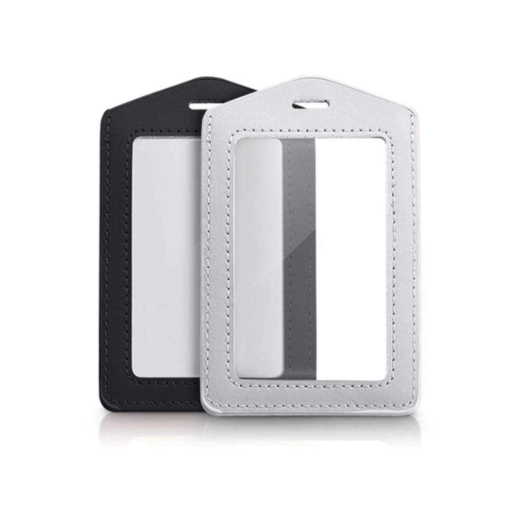  [AUSTRALIA] - 2 Pcs Vertical Leather ID Badge Holder Waterproof Clear Card Holder for School ID Office ID, Black and Silver Gray(Only Holder)