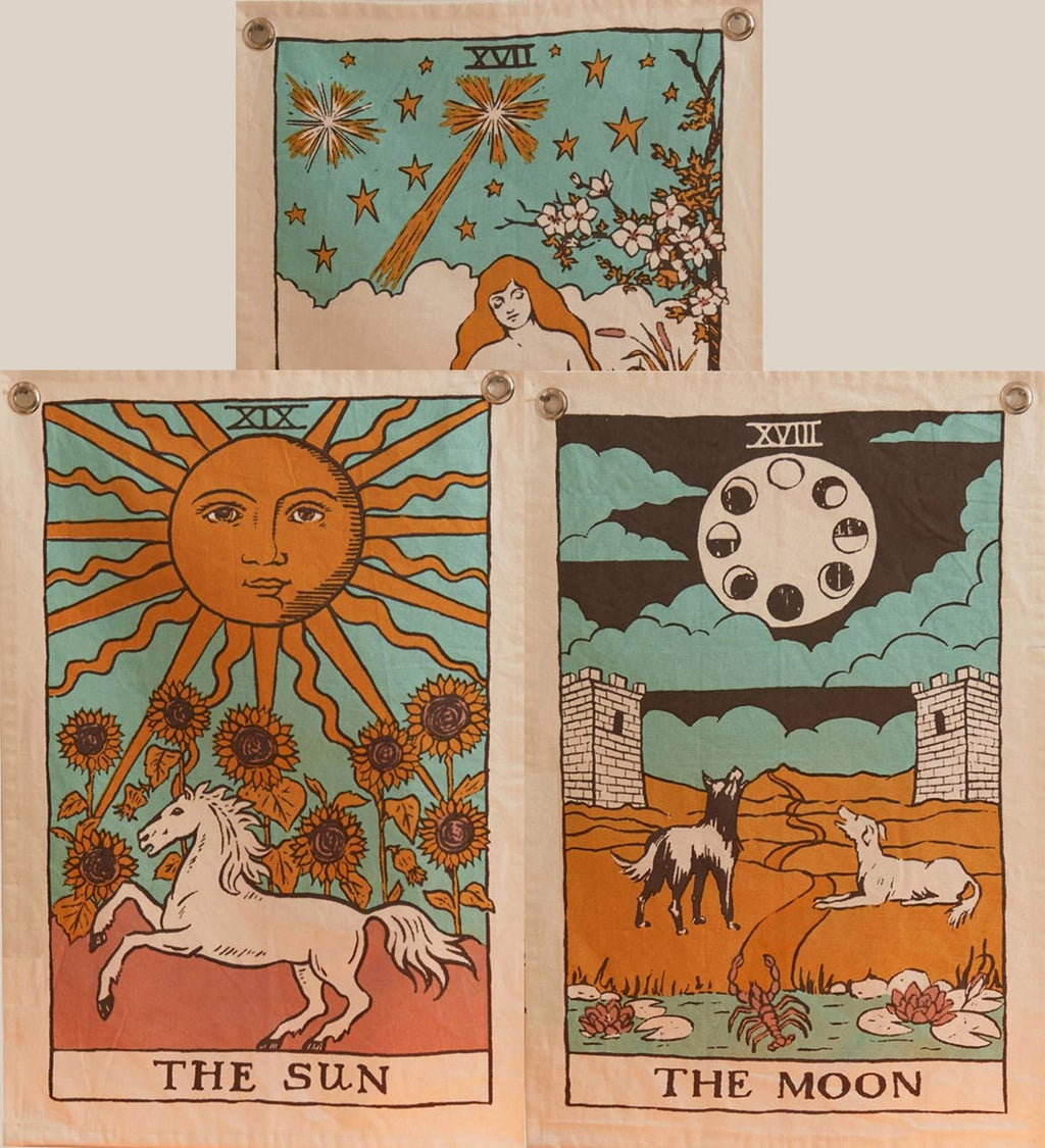  [AUSTRALIA] - Tarot Flag Tapestry - The Sun, The Moon and The Star - Bohemian Cotton Printed Hand Made Wall Hanging Tapestries with Steel Grommets, Beige, Pack of 3 20 x 16 Inches