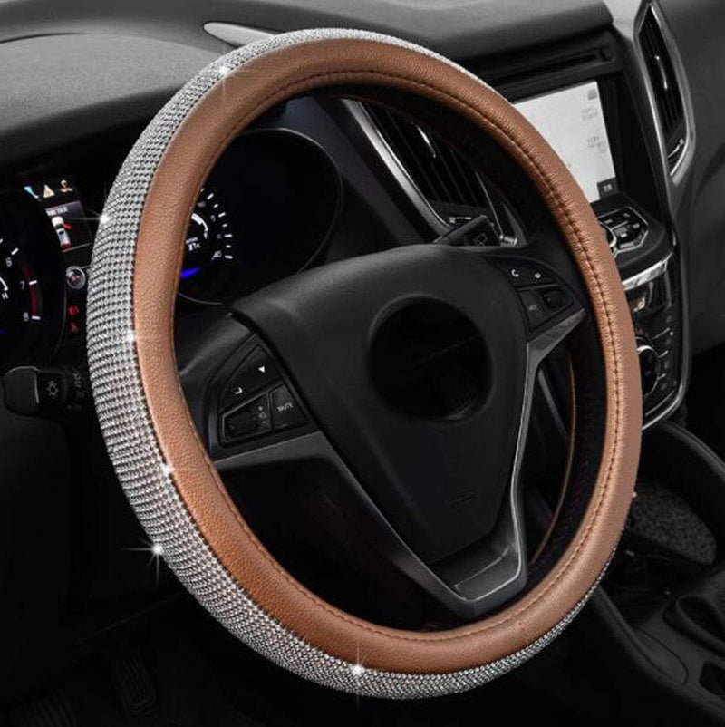  [AUSTRALIA] - Carmen Crystal Steering Wheel Cover with PU Leather Bling Bling Sparkling Rhinestones Car Handle Protector Universal 15 Inch (Gold) Coffee