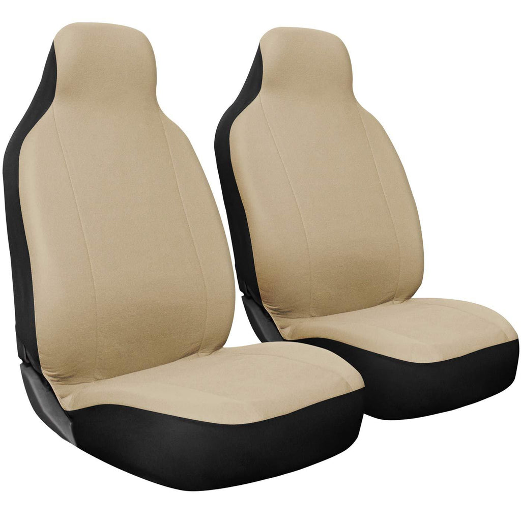  [AUSTRALIA] - OxGord Car Seat Cover - Poly Cloth Leather Solid Beige with Front Low Bucket Seat - Universal Fit for Cars, Trucks, SUVs, Vans - 2 pc Set