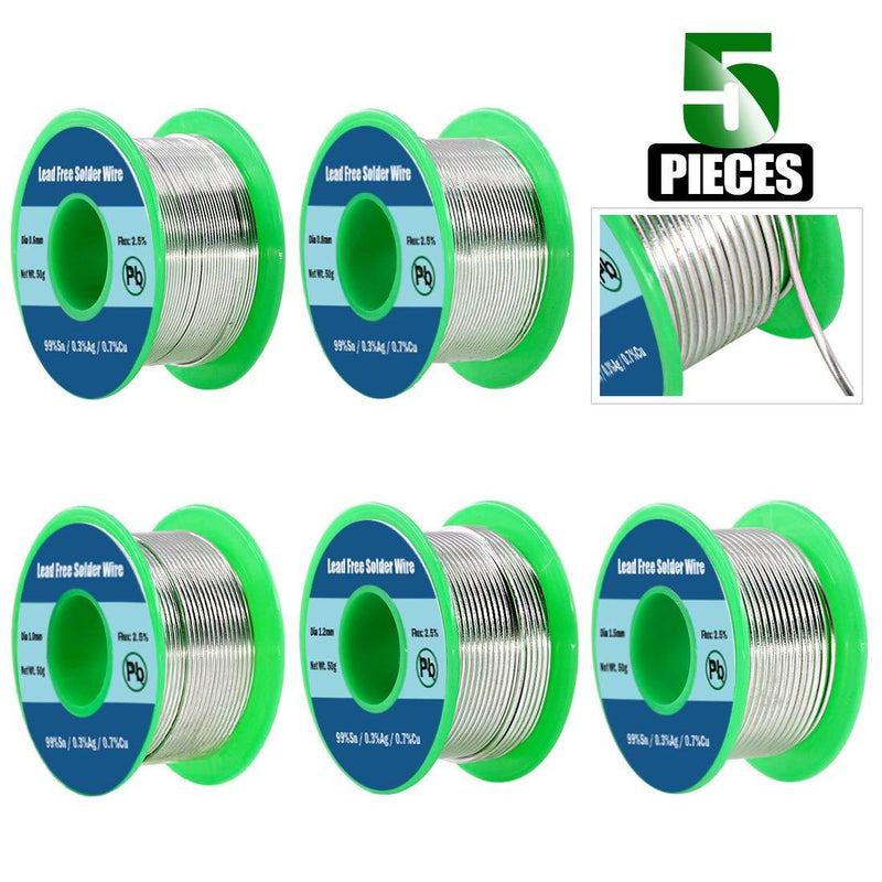  [AUSTRALIA] - Keadic 5Pcs Lead Free Solder Wire with Rosin Core Set 0.6mm 0.8mm 1.0mm 1.2mm 1.5mm for Most Electrical Soldering, Sn 99% Ag 0.3% Cu 0.7%