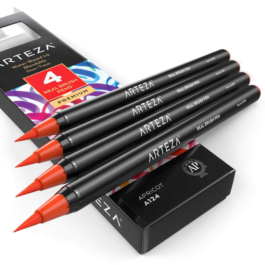  [AUSTRALIA] - Arteza Real Brush Pens, A124 Apricot, Pack of 4, Watercolor Pens with Nylon Brush Tips, Art Supplies for Dry-Brush Painting, Sketching, Coloring & Calligraphy