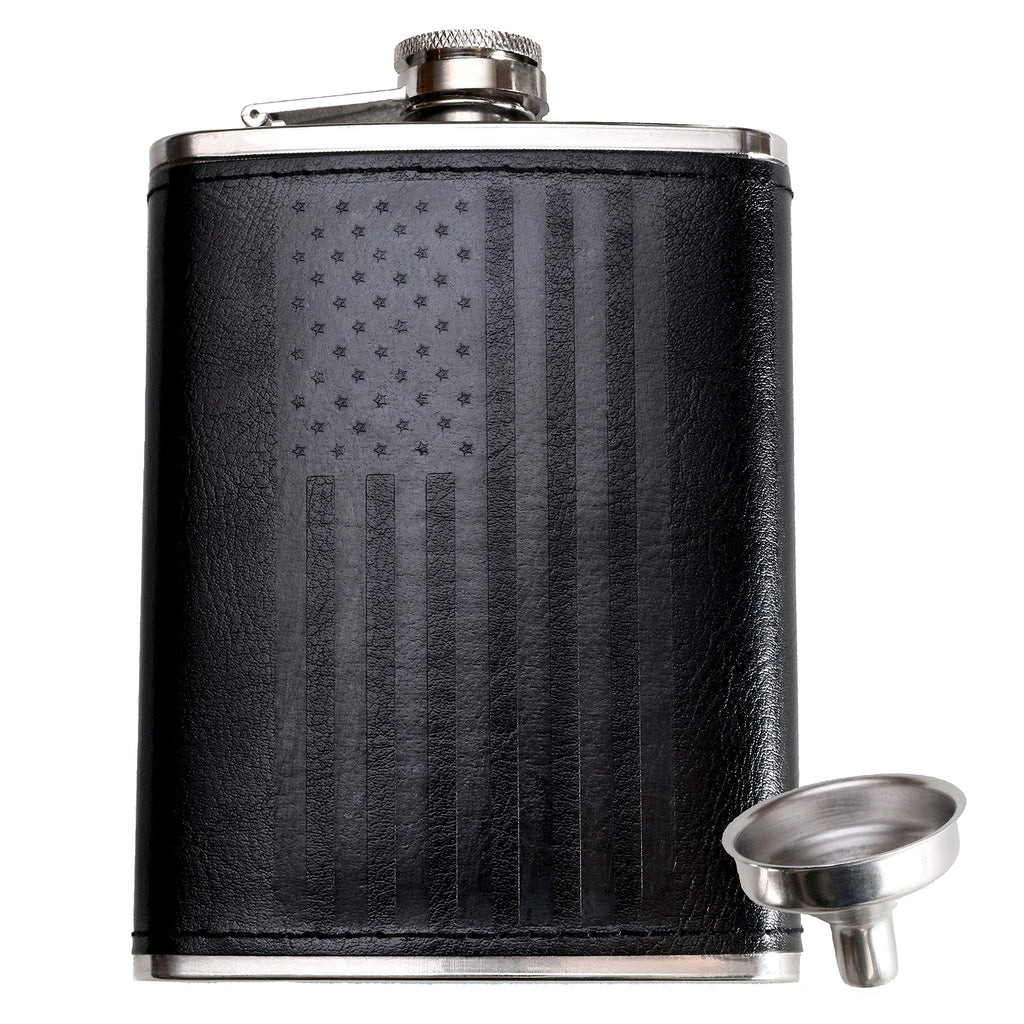  [AUSTRALIA] - Leather Flask with American Flag by Home Aggressive - 8 Ounce - 18-8 304 Stainless Steel Black Leather Wrap Hip Flask with Funnel for Liquor Whiskey Alcohol Wine or Bourbon - Slim Curved