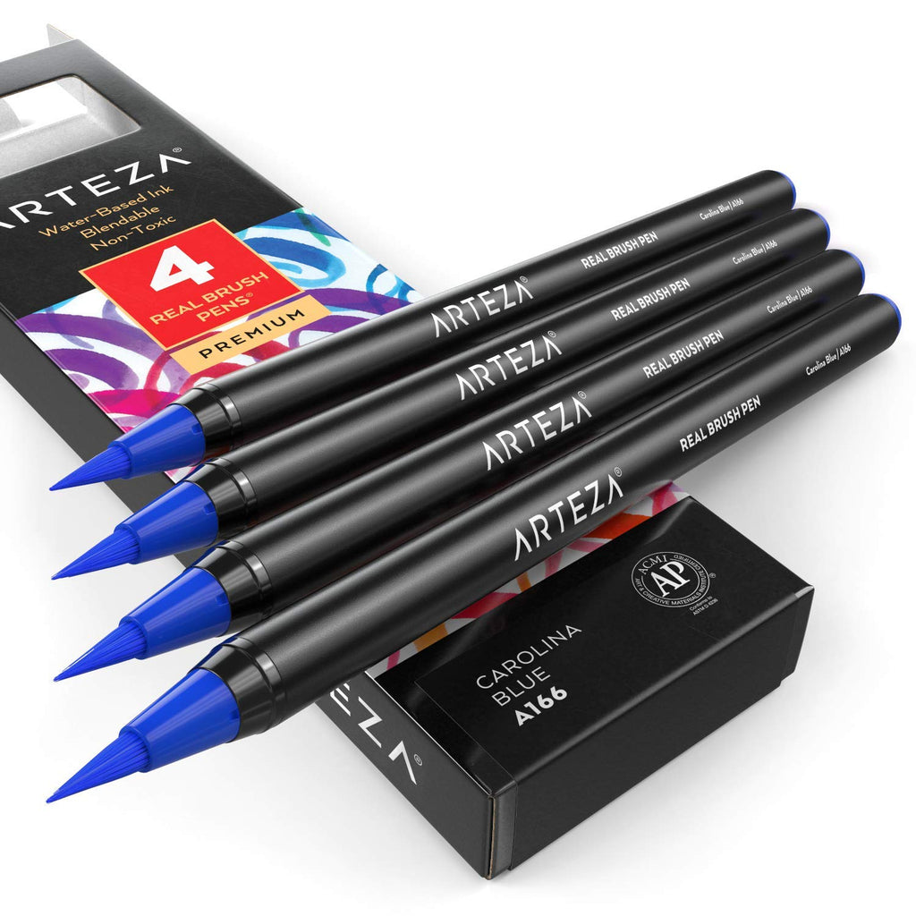  [AUSTRALIA] - Arteza Real Brush Pens, A166 Carolina Blue, Pack of 4, Watercolor Pens with Nylon Brush Tips, Art Supplies for Dry-Brush Painting, Sketching, Coloring & Calligraphy