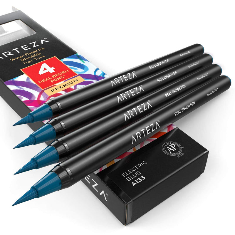  [AUSTRALIA] - Arteza Real Brush Pens, A133 Electric Blue, Pack of 4, Watercolor Pens with Nylon Brush Tips, Art Supplies for Dry-Brush Painting, Sketching, Coloring & Calligraphy