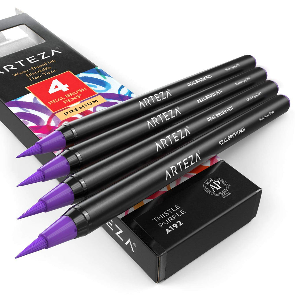  [AUSTRALIA] - Arteza Real Brush Pens, A192 Thistle Purple, Pack of 4, Watercolor Pens with Nylon Brush Tips, Art Supplies for Dry-Brush Painting, Sketching, Coloring & Calligraphy