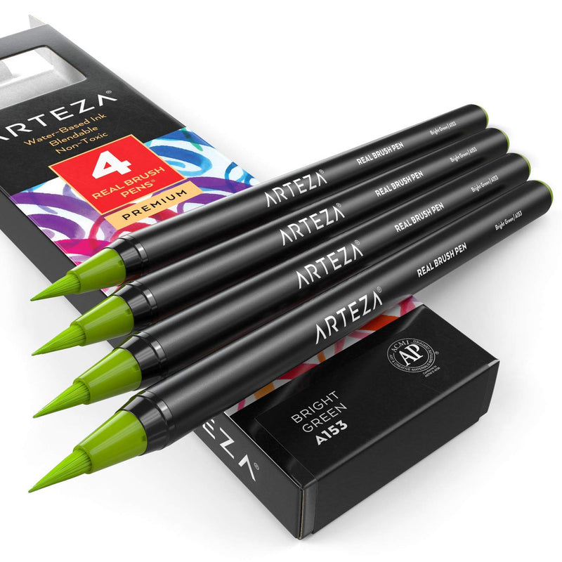  [AUSTRALIA] - Arteza Real Brush Pens, A153 Bright Green, Pack of 4, Watercolor Pens with Nylon Brush Tips, Art Supplies for Dry-Brush Painting, Sketching, Coloring & Calligraphy