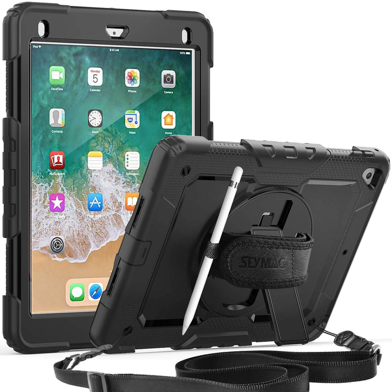  [AUSTRALIA] - iPad 5th/6th Generation Case, SEYMAC Full Body Protection Case with Built-in Screen Protector Pencil Holder [360 Rotating Hand Strap]Stand Shoulder Strap for iPad 9.7 inch 2017/2018 /iPad air 2(Black) Black