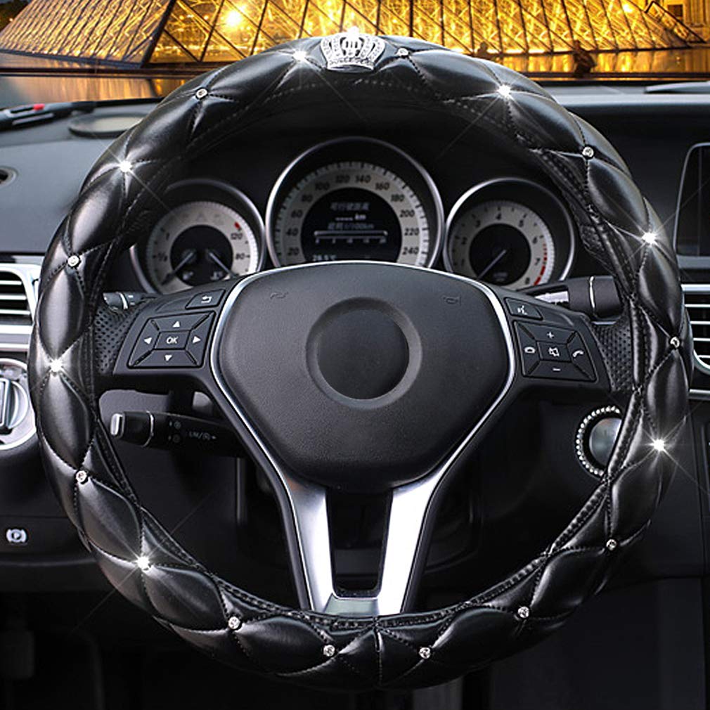  [AUSTRALIA] - coofig New Girly Diamond Steering Wheel Cover,with Soft PU Leather Bling Bling Rhinestones,15"（Black2-Crown） Black2-Crown